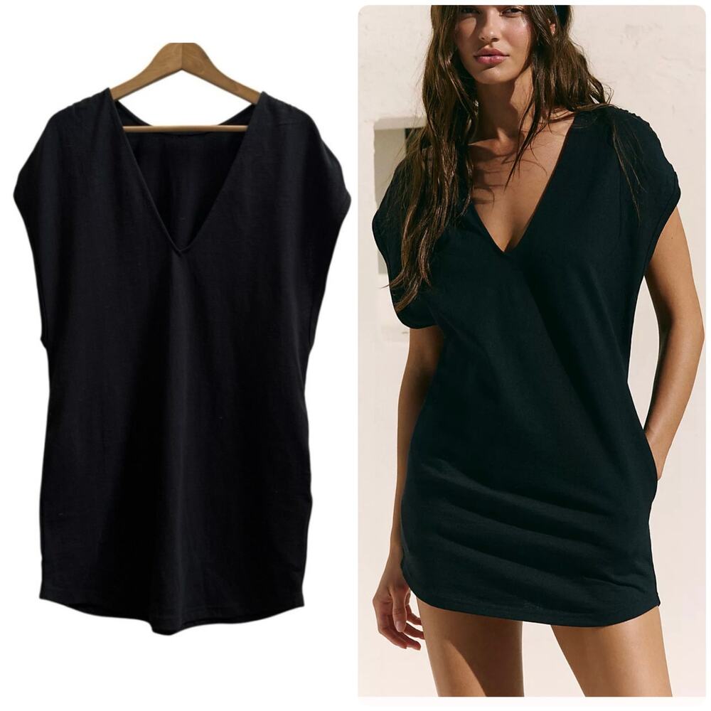 Free People Free-est New Black Alex Deep V Neck Cotton Jersey Mini Dress Small